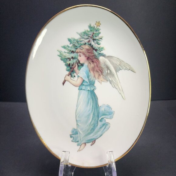 Vintage Porcelain Oval Christmas Angel Decorative Plate 9'' Gold Rimmed - Picture 1 of 7
